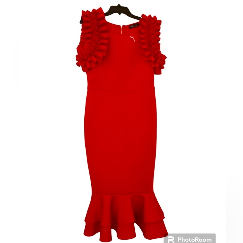 Touch Me Dramatic Ruffled Shoulder Dress -Red - M - Picture 2 of 4